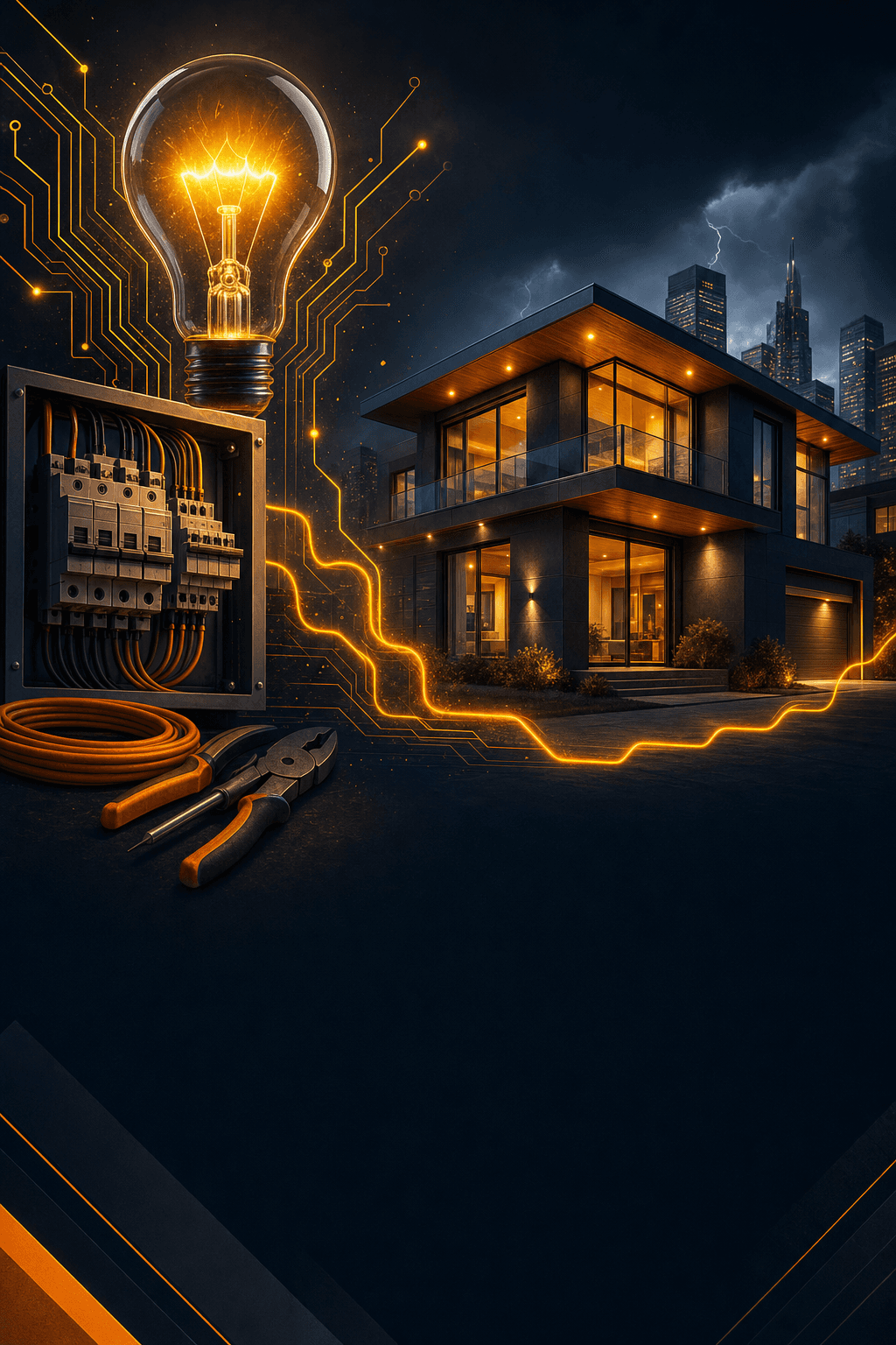 Bledsoe Electrical Services social media graphic featuring a glowing lightbulb and circuit accents against a dark background with yellow and orange highlights, conveying professional electrical expertise