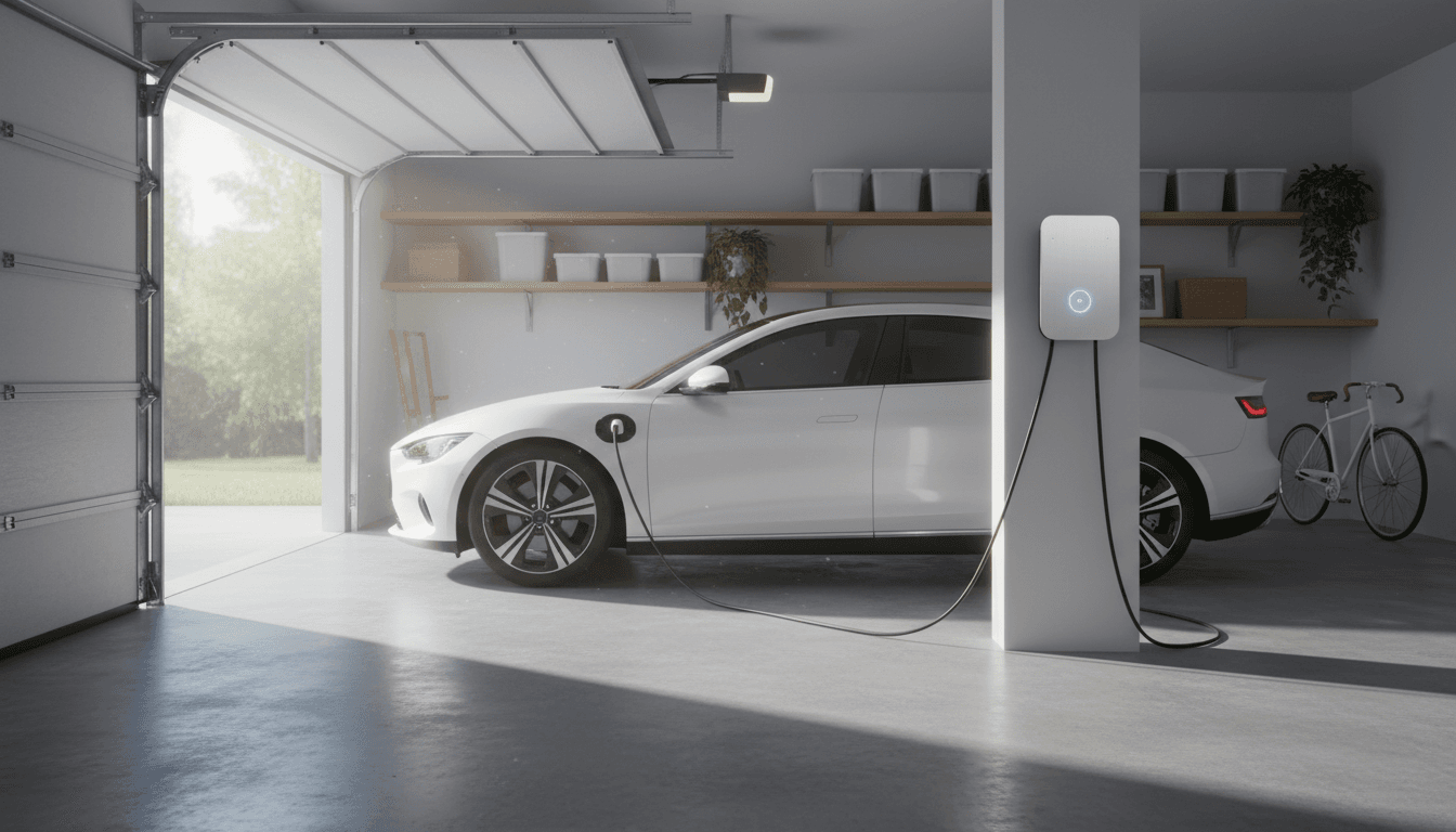 A white electric car plugged into a wall-mounted EV charger in a garage