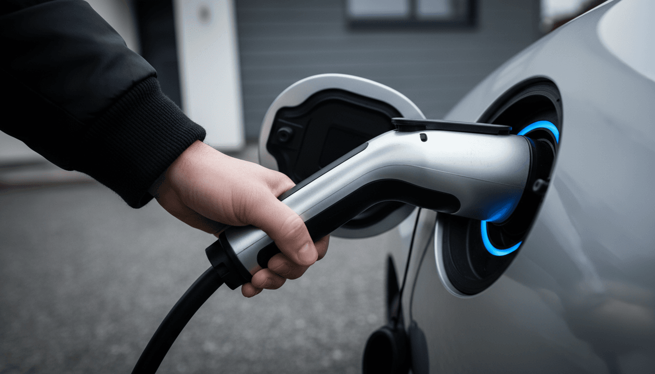 Close-up of an EV charging plug being connected to a vehicle charging port