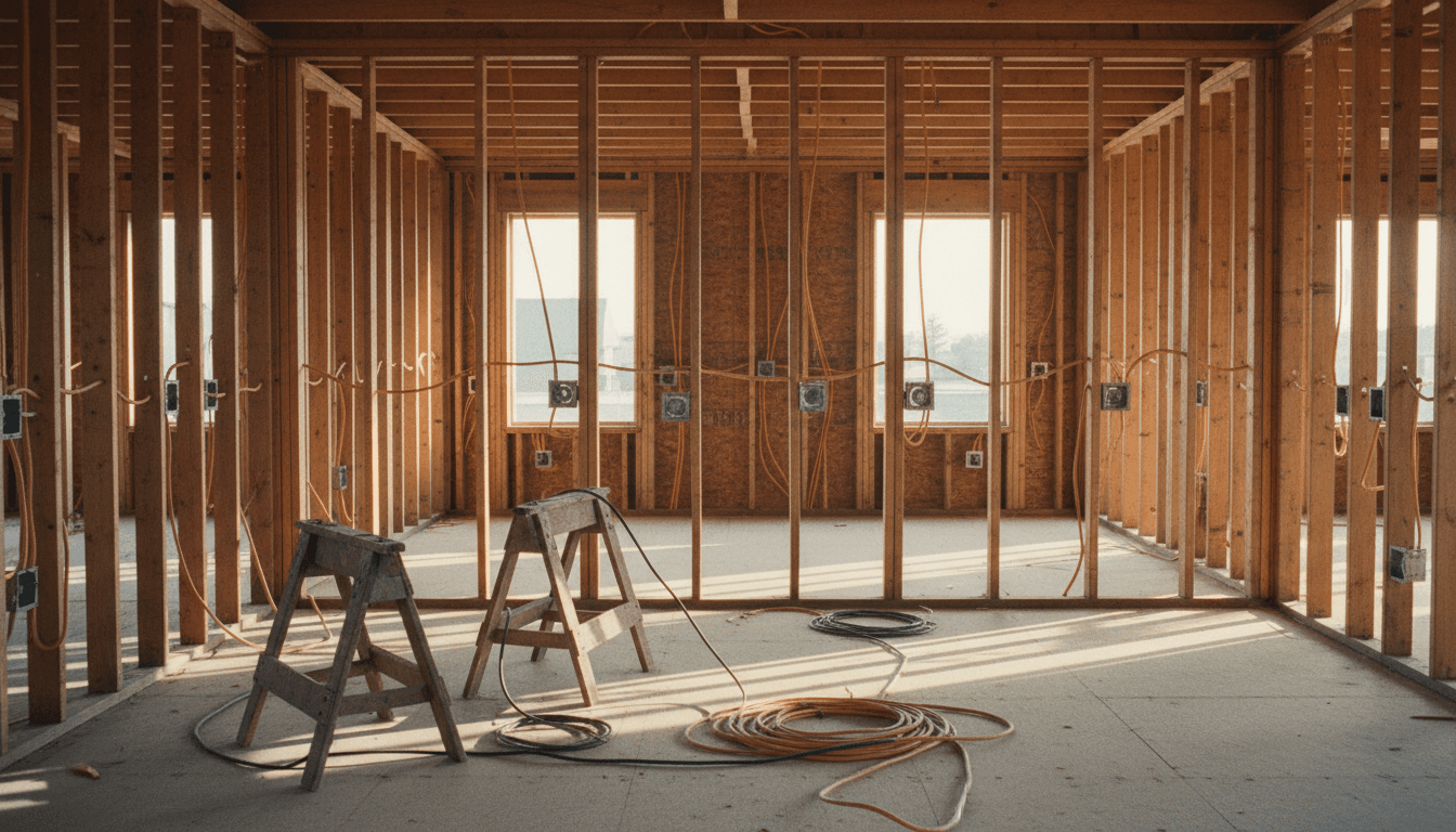 Rough-in electrical wiring and junction boxes in the wooden frame of a new home