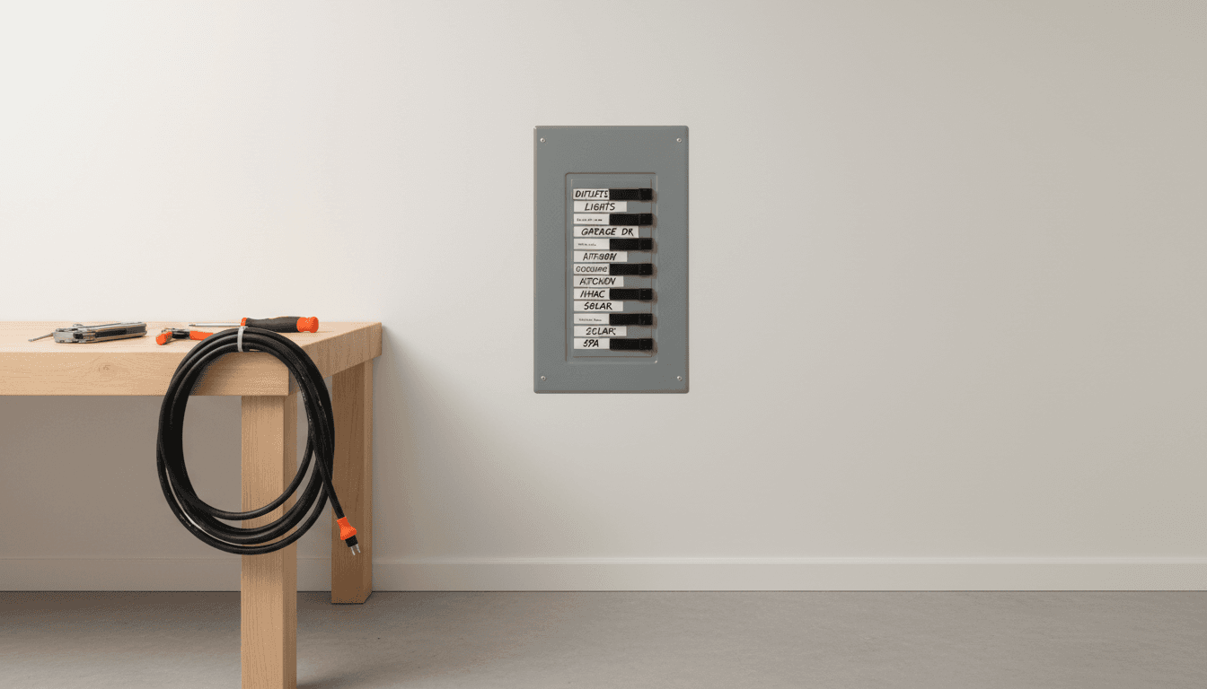 Newly installed electrical panel with clearly labeled breakers in a clean garage