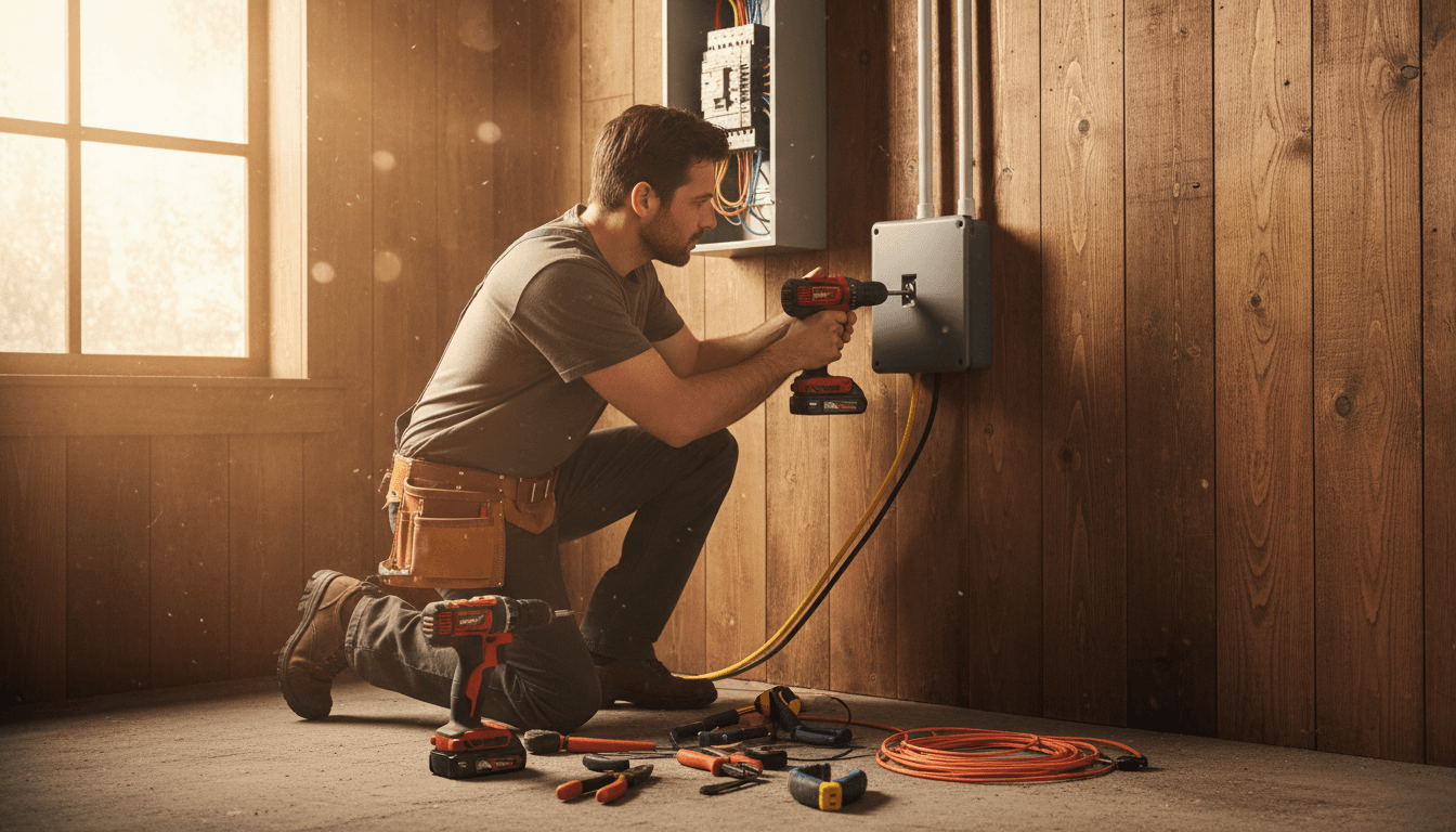 A gray surge protection device being installed next to a home electrical panel