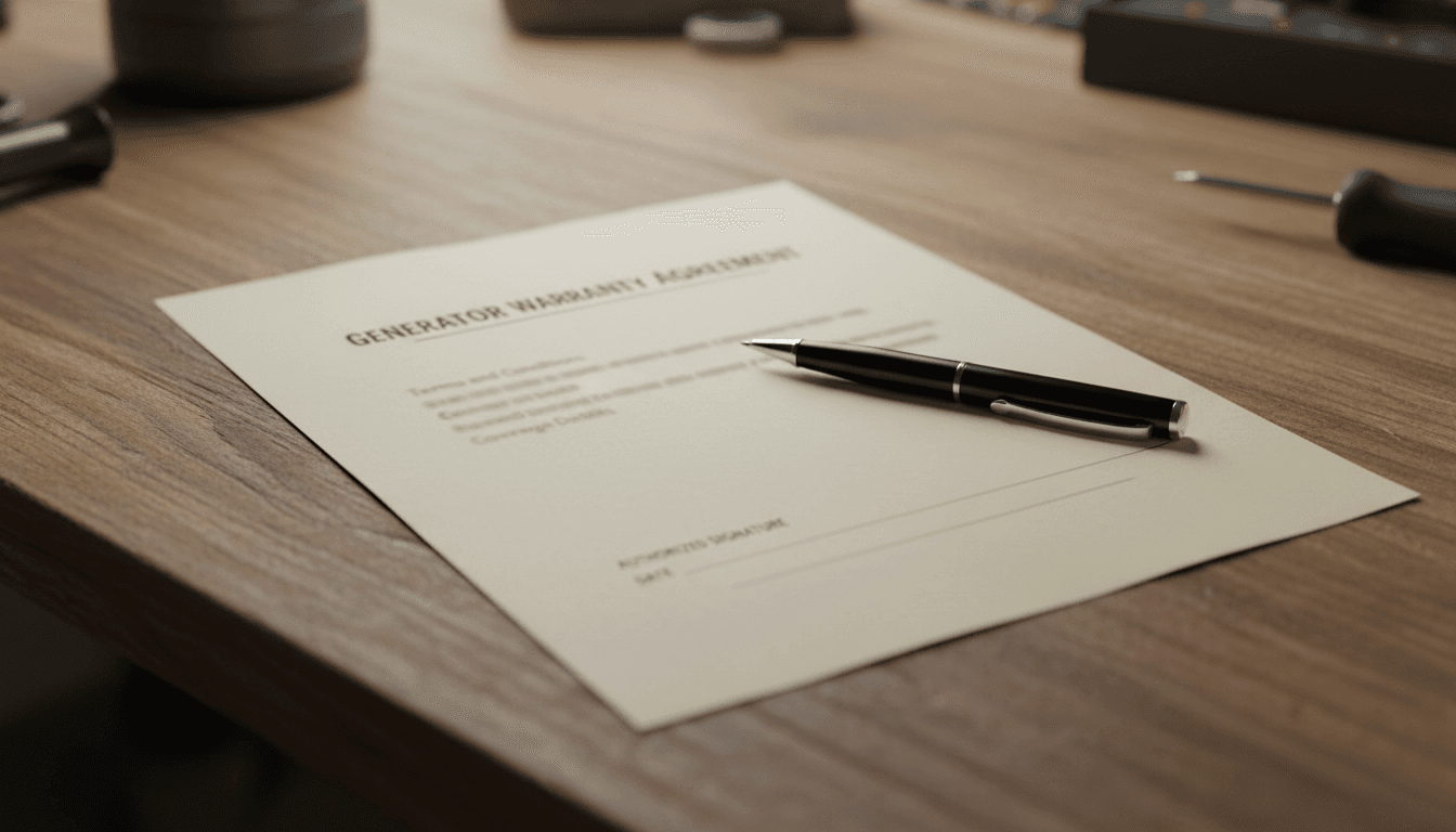 Generator warranty document with pen on workbench