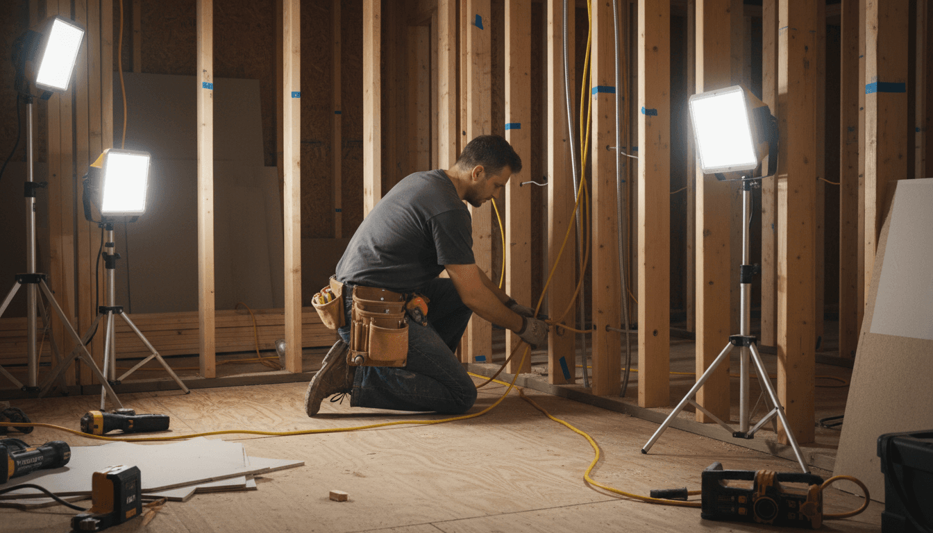 An electrician pulling electrical cable through the wooden wall studs of a home remodel