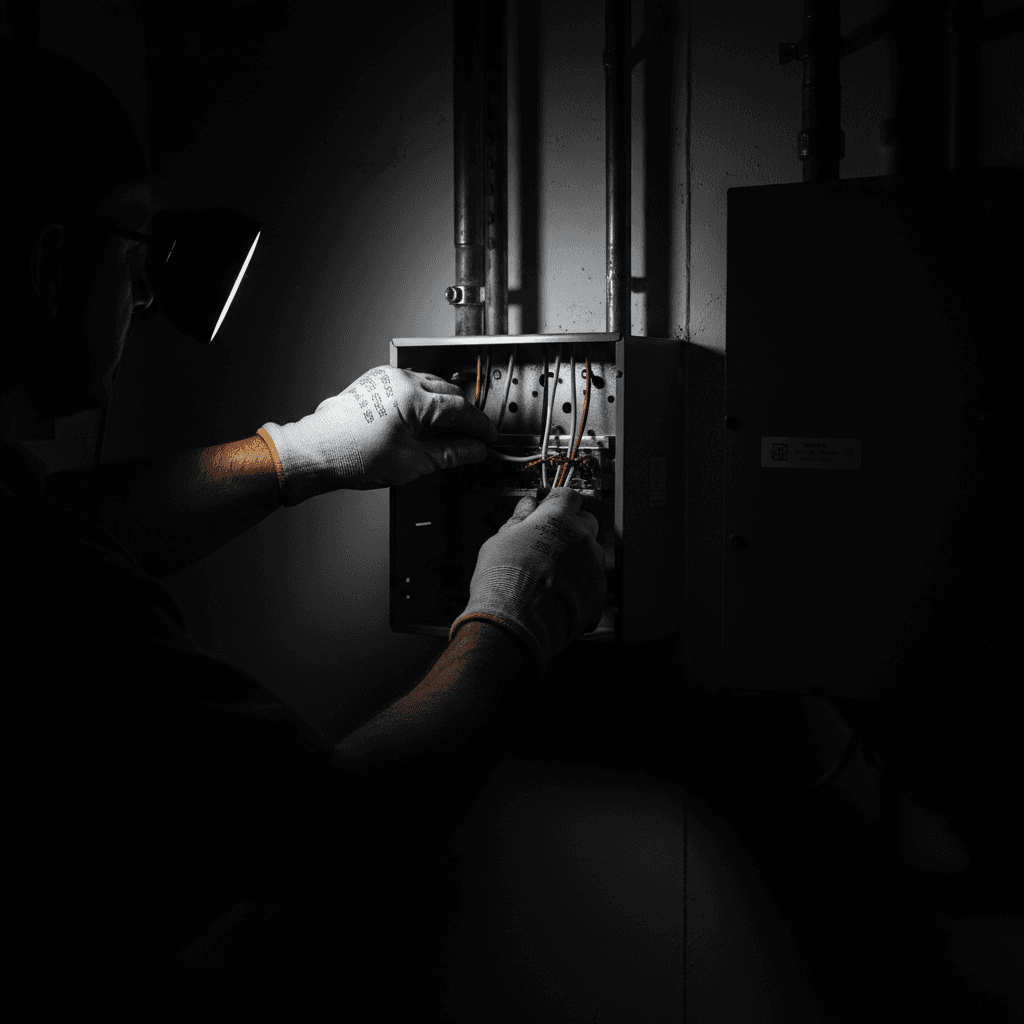 Electrician wiring a commercial breaker panel