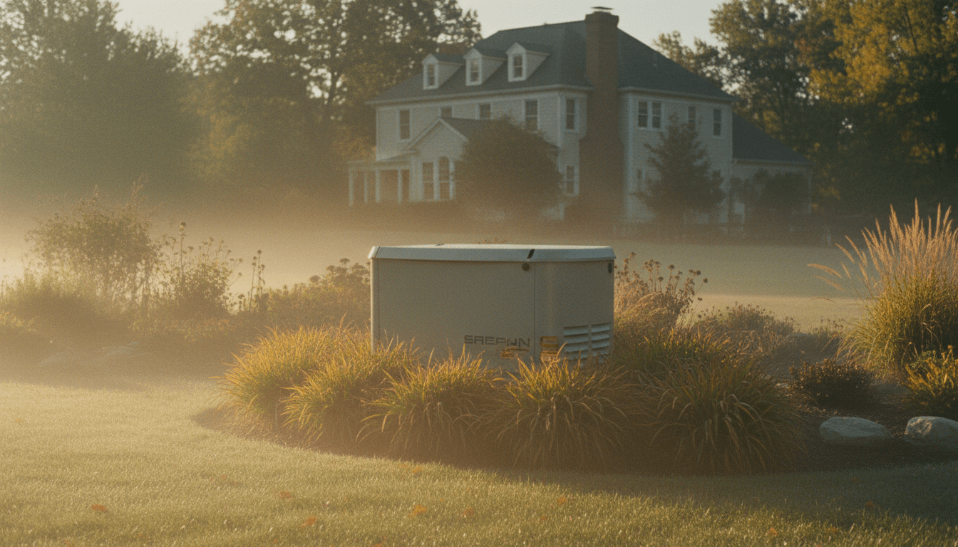 Generator in landscaped backyard setting