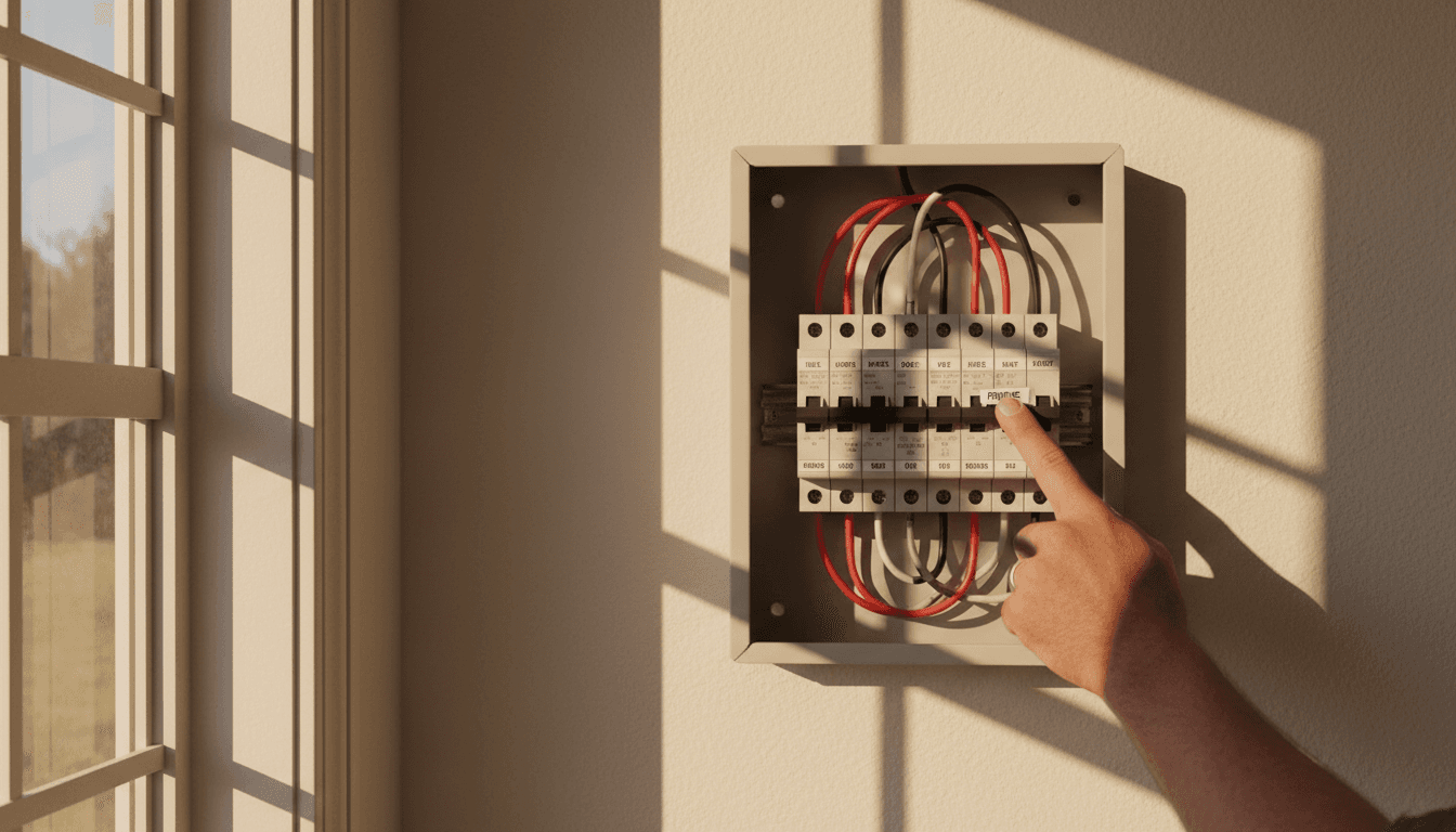 Labeled electrical panel with hand pointing to circuit