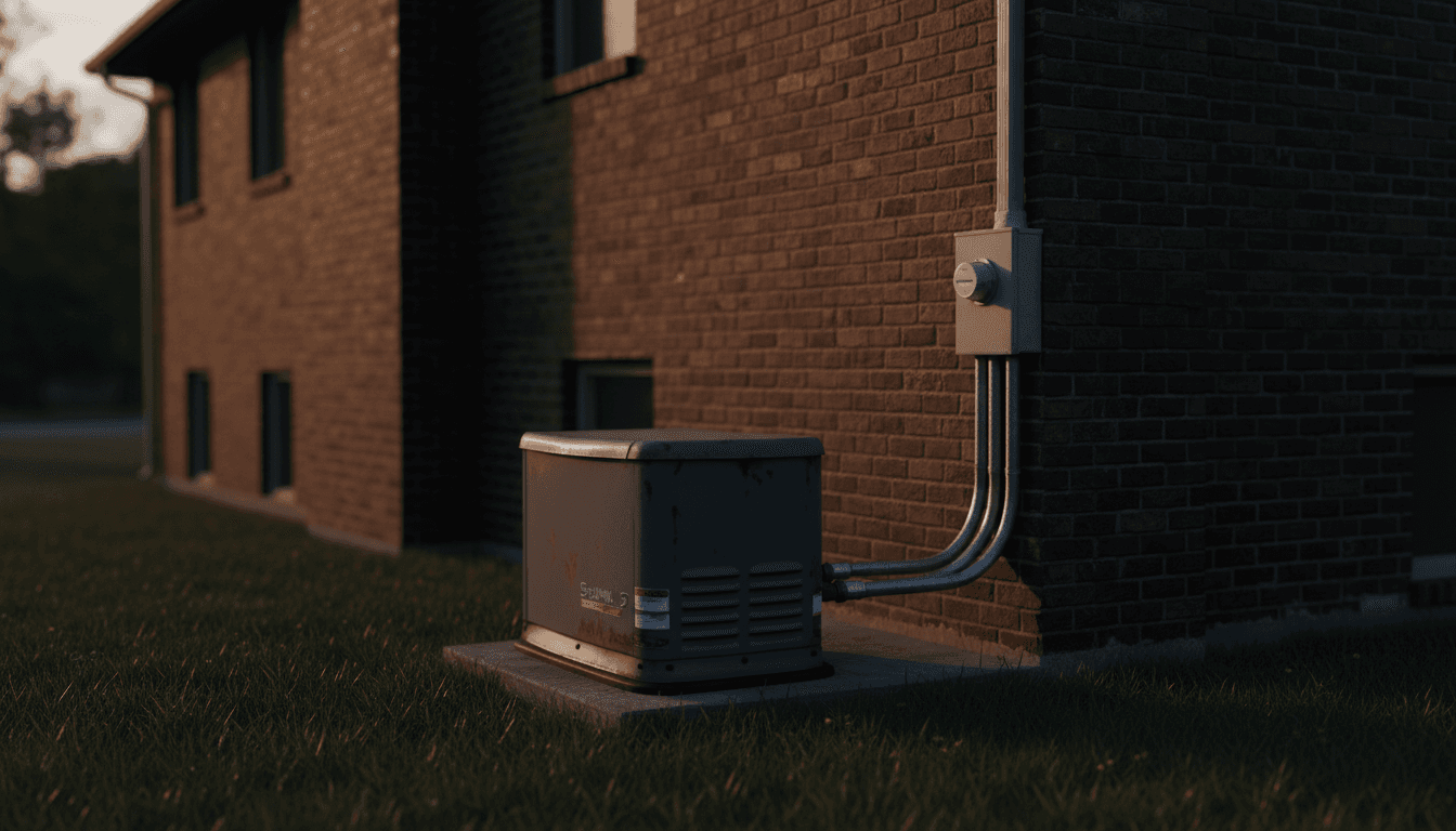 Backup generator installed next to a brick home in north Texas with conduit running to the exterior wall