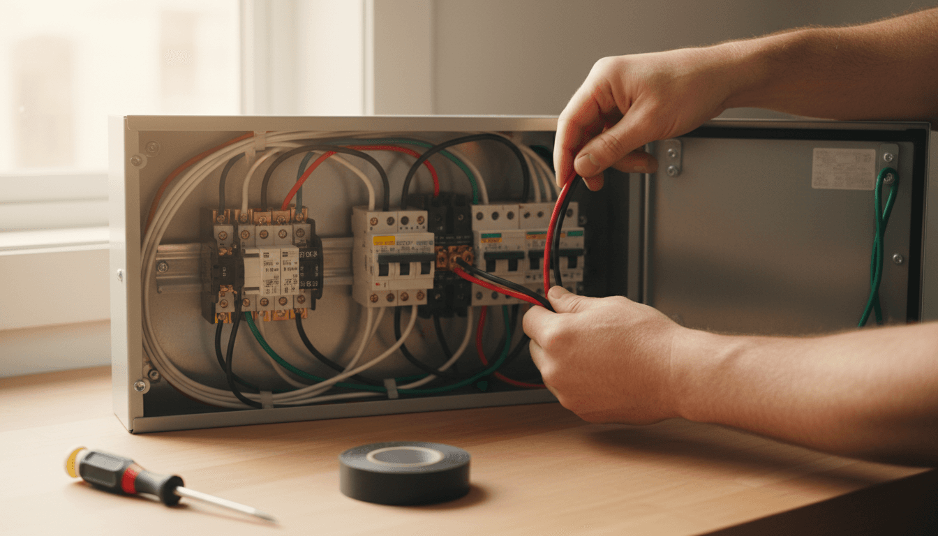 Electrician's hands wiring a transfer switch for a backup generator installation