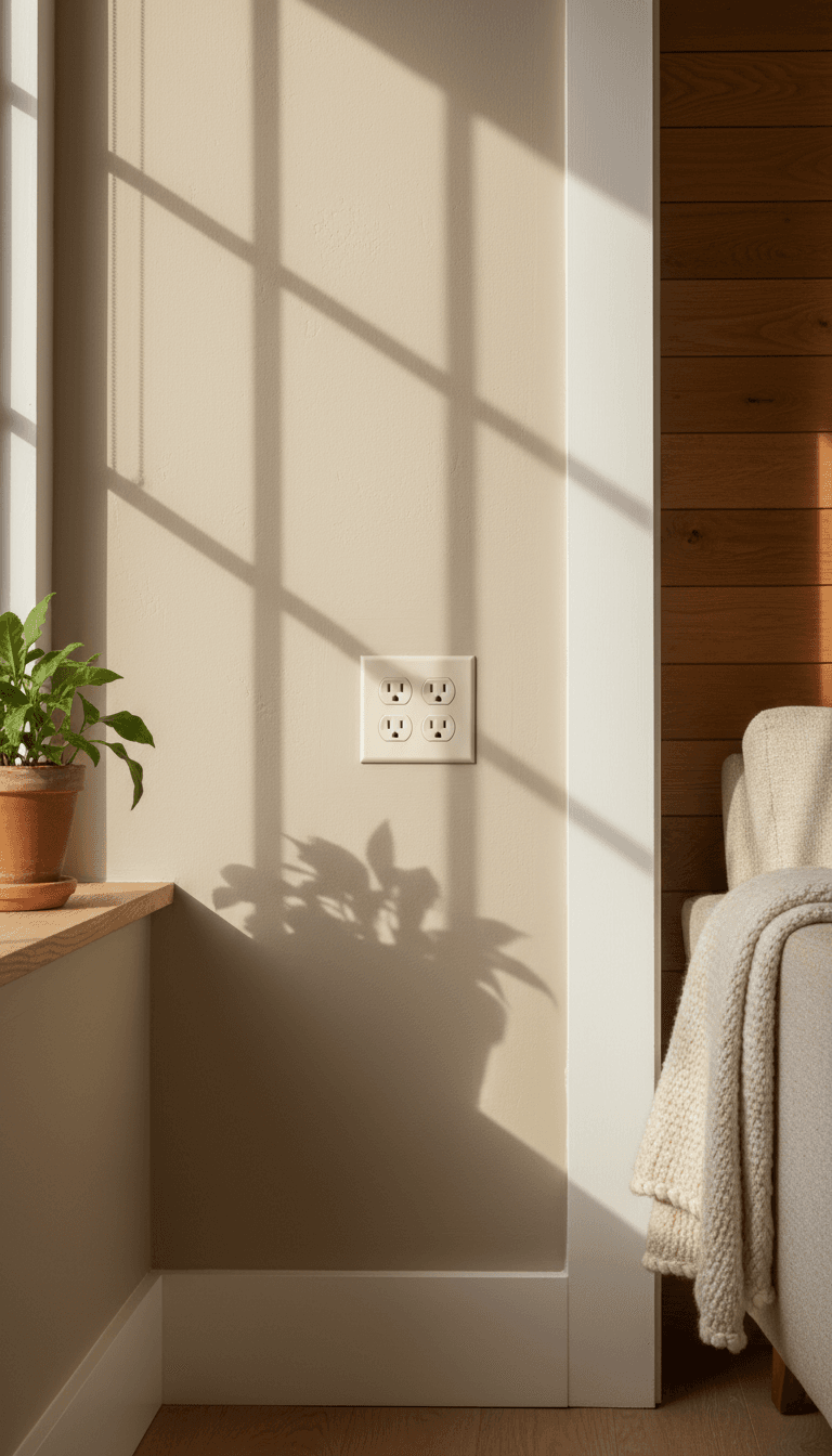 A warm artisanal rustic aesthetic medium shot of a newly finished residential remodel, showing a clean electrical outlet plate on a freshly painted wall.