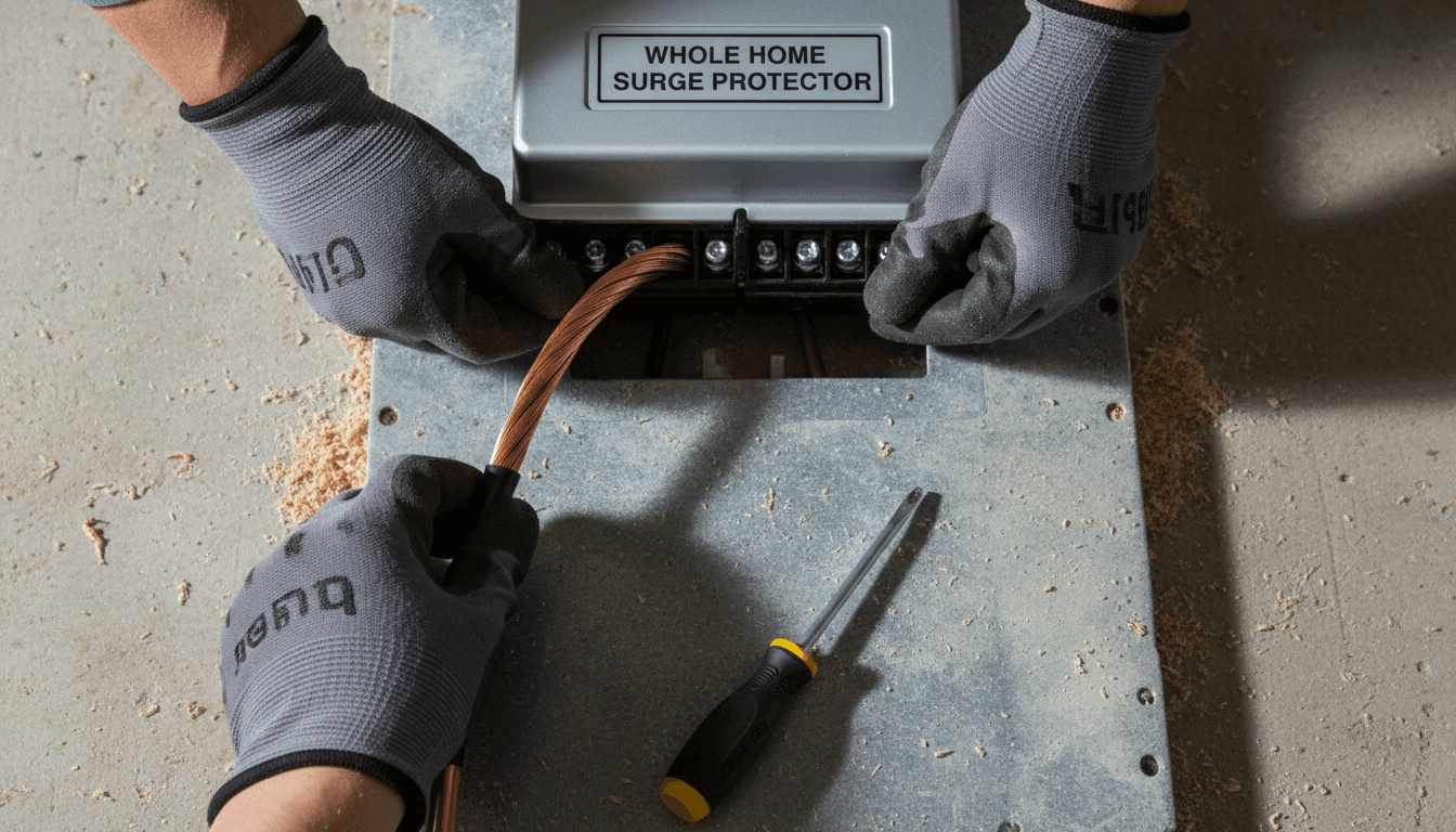 Hands of an electrician connecting wiring to a surge protection device inside a panel.