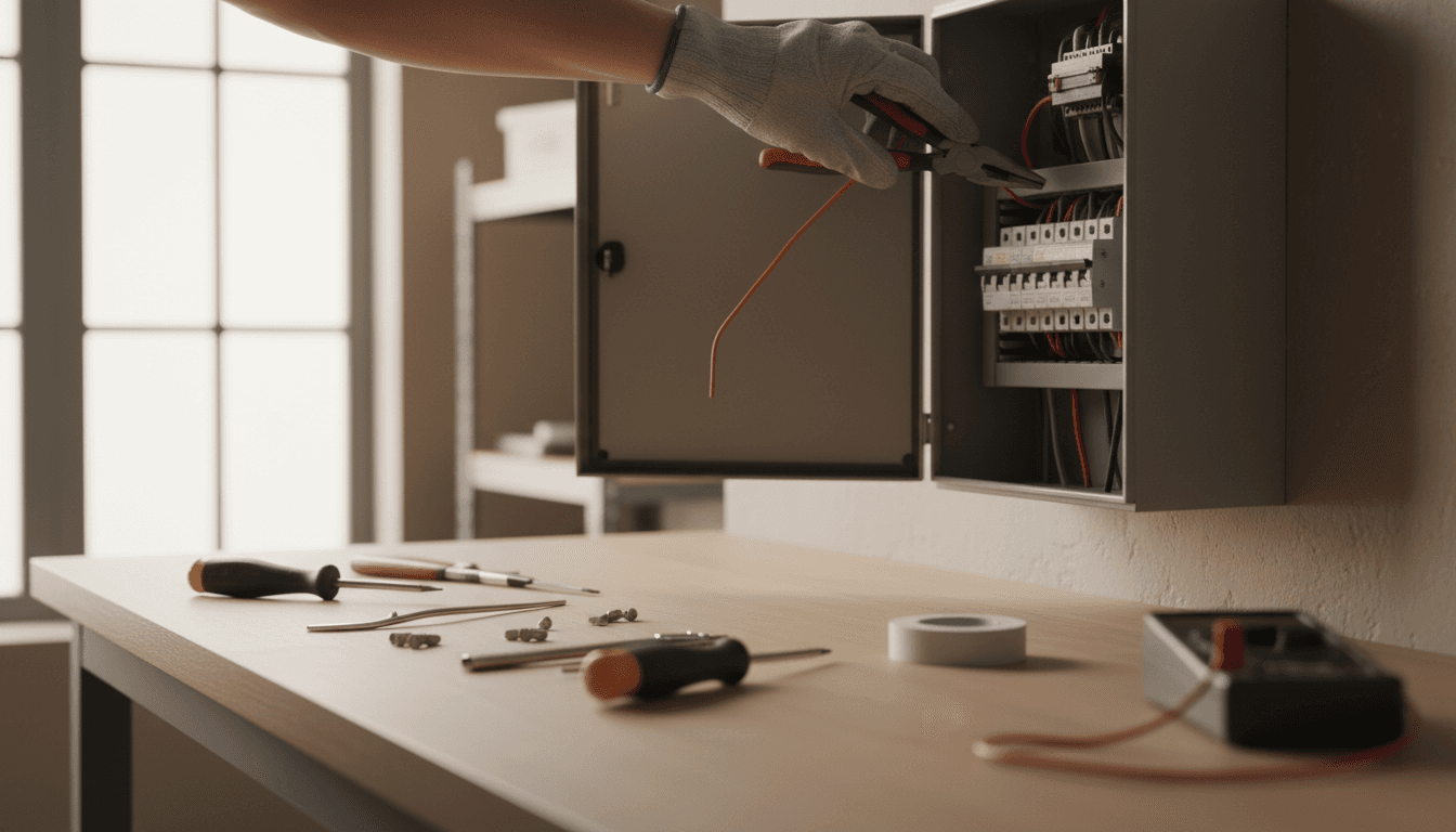 Electrician's hands working on a residential electrical panel with tools nearby