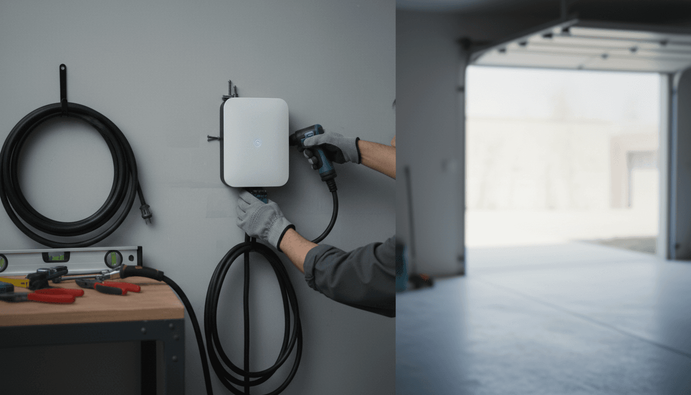 Electrician installing an EV charger on a garage wall