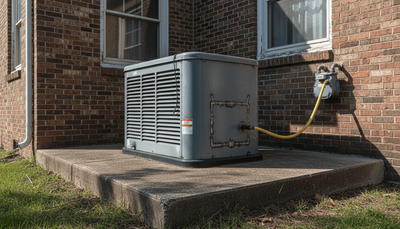 Standby generator on concrete pad connected to gas line
