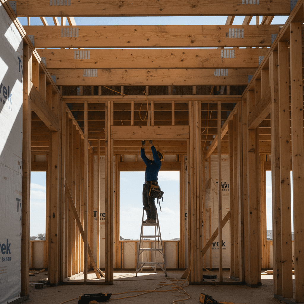 Electrician pulling cable in a new construction home