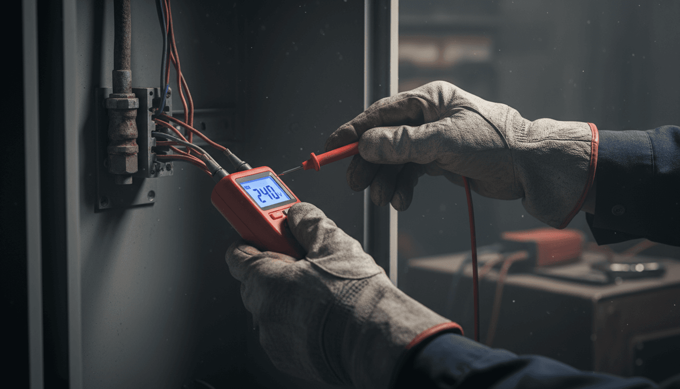 Electrician testing a panel with a voltage tester