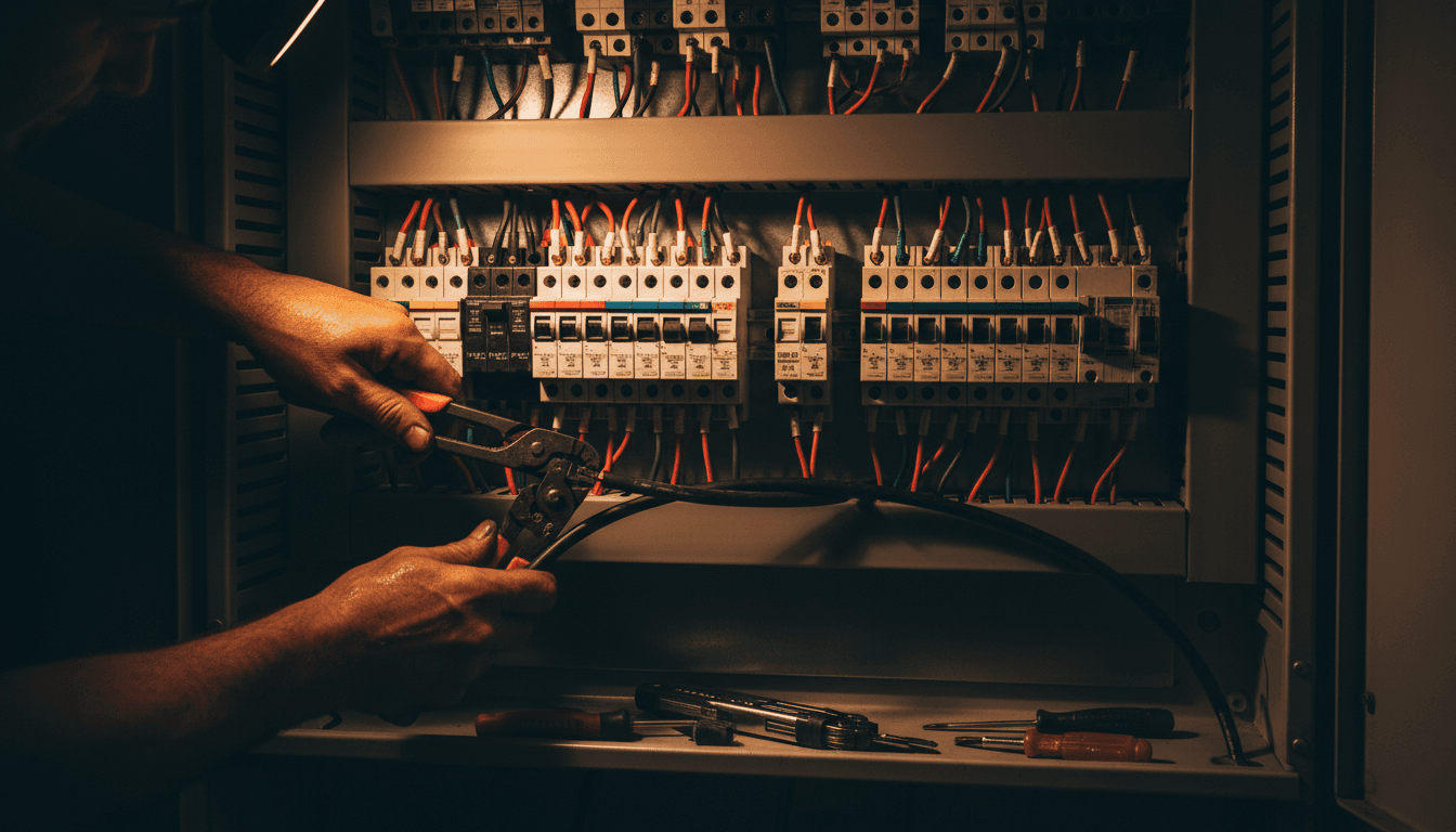 An open electrical panel with wires and breakers visible during a professional upgrade