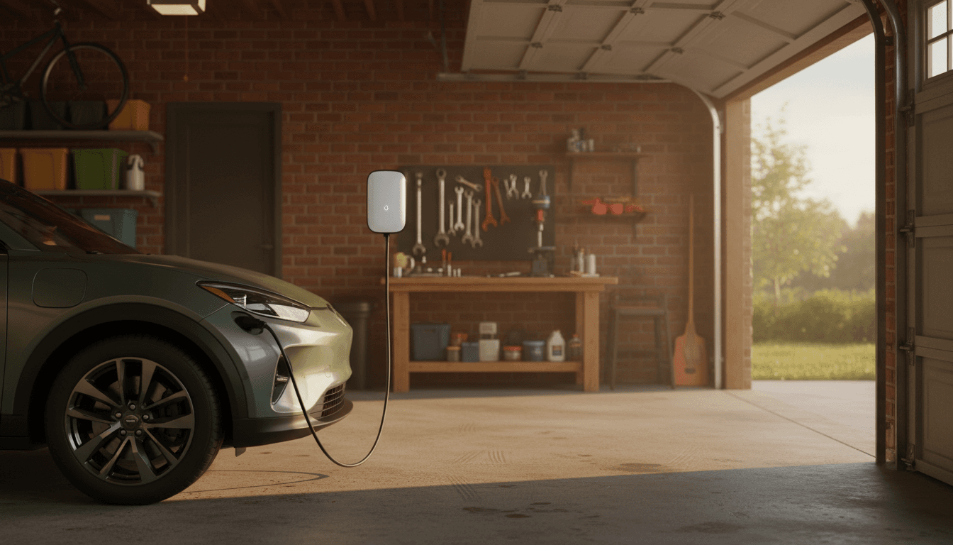 Electric car plugged into a wall-mounted charger in a home garage