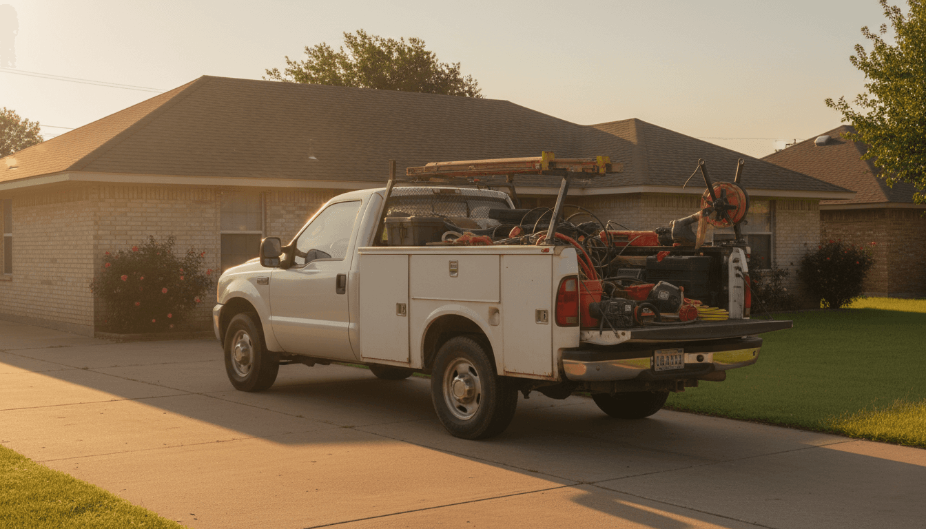 Work truck parked in a Sherman driveway at sunrise