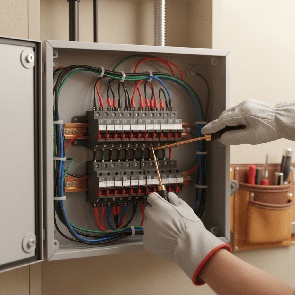 Electrician installing circuit breaker panel