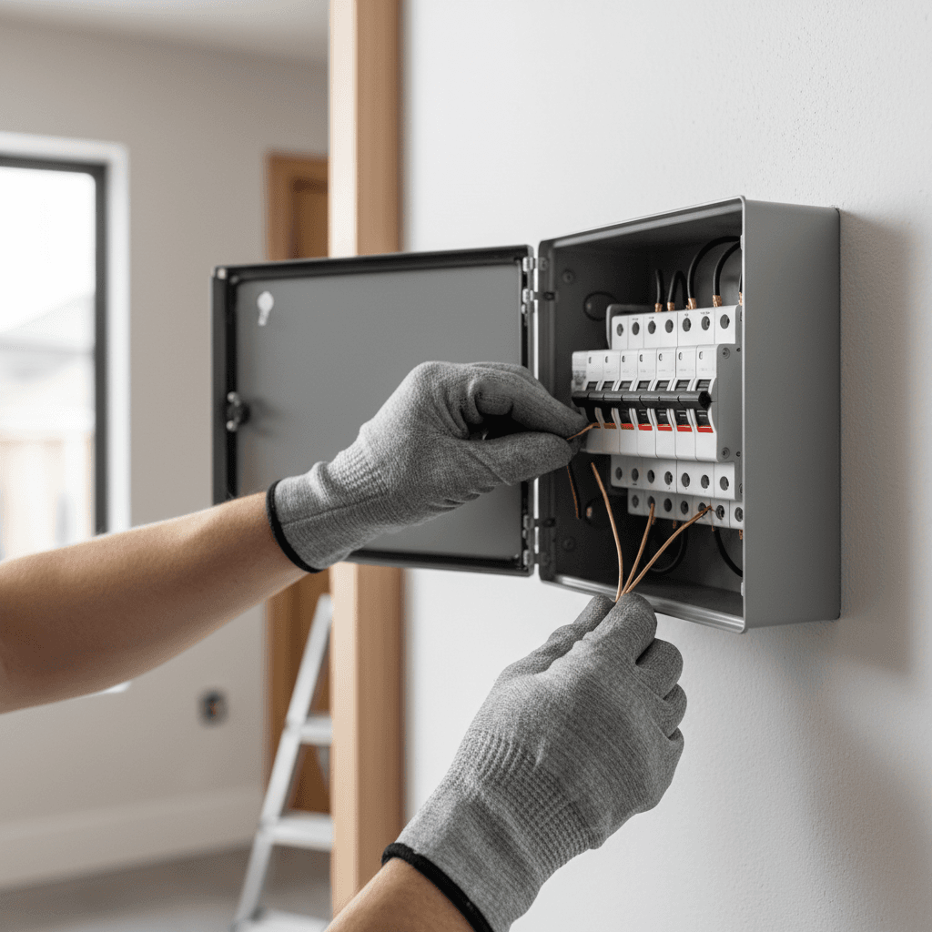 Electrician installing circuit breaker in home electrical panel