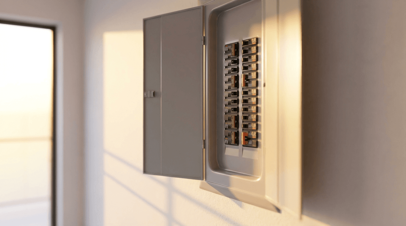 Circuit breaker panel slightly ajar with geometric shadows cast by golden sunlight on white wall.