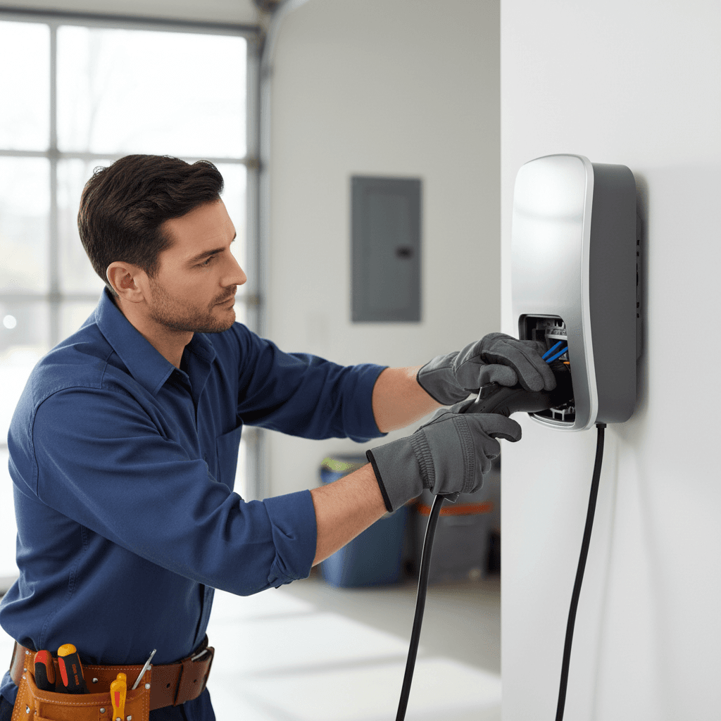 Electrician hands installing modern EV charging station on residential garage wall with precision and expertise