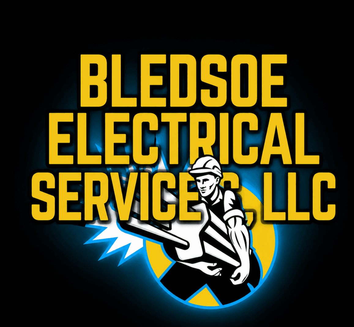 Bledsoe Electrical Services, LLC logo with yellow text and an electrician holding a large plug.