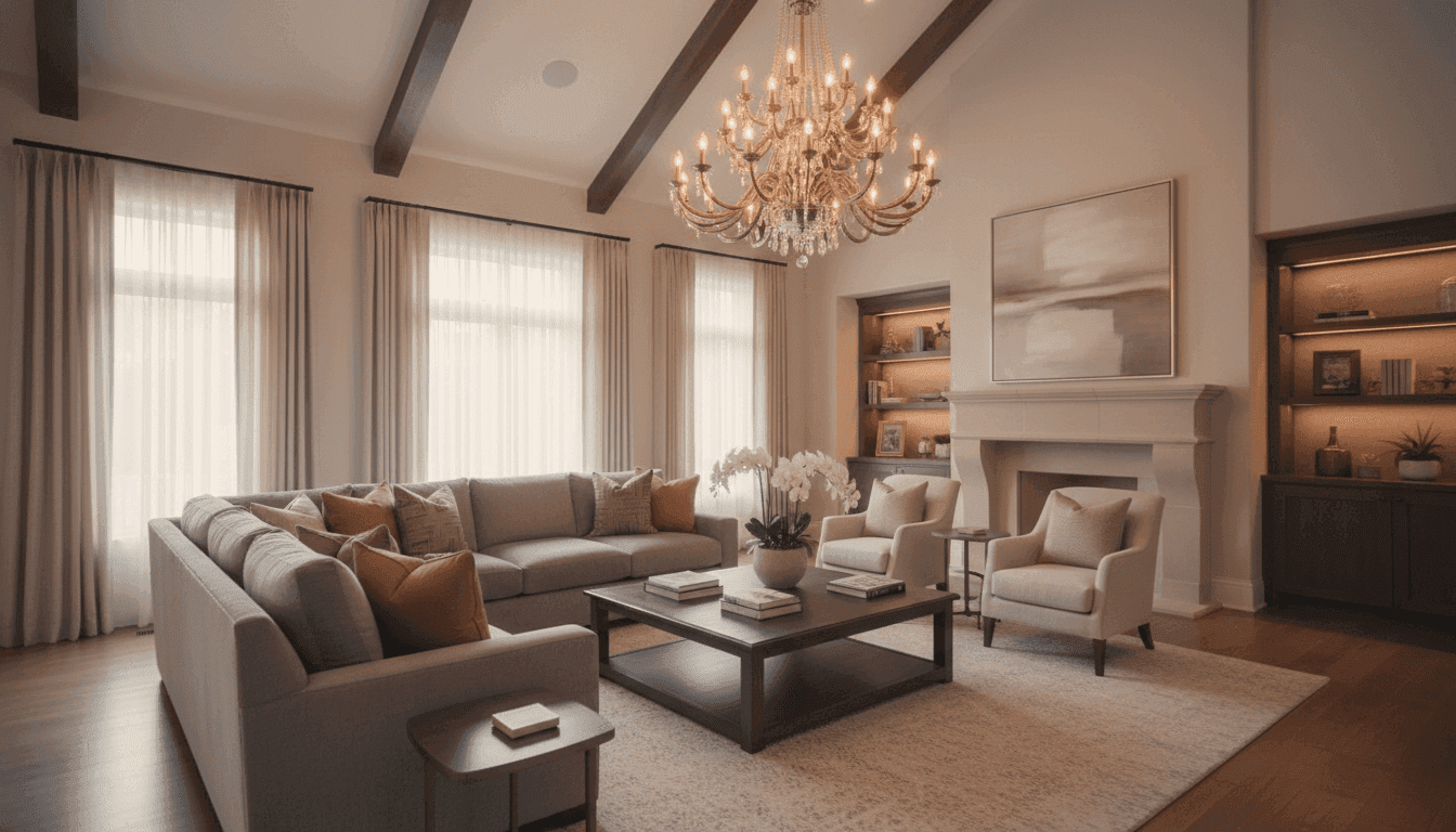 Elegant living room with a grand chandelier, sectional sofa, fireplace, and vaulted wood-beamed ceiling.